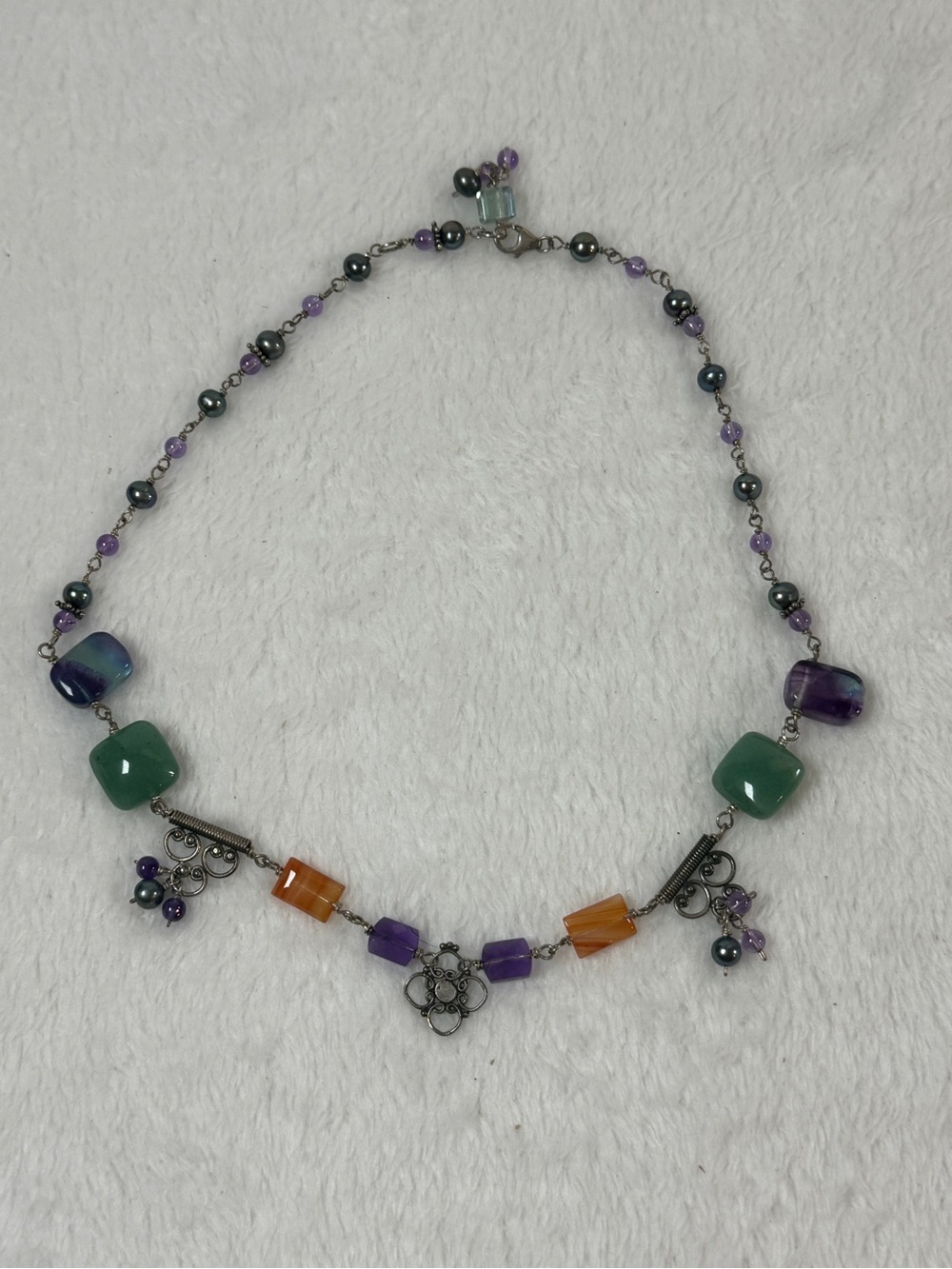 Multicolor Semi-Precious Beaded Necklace with Green, Purple & Orange Accents
